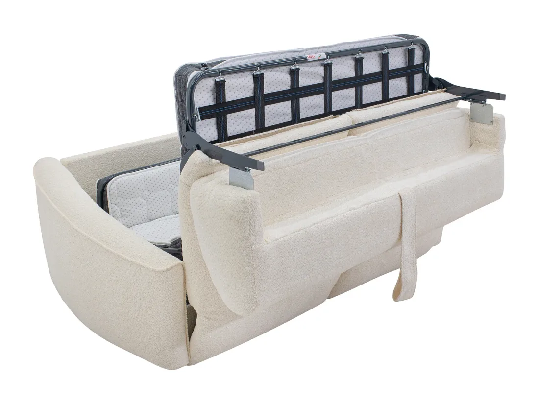 Canapé Asufa ouvert, matelas relevé montrant l'assise et le mécanisme de couchage en métal.