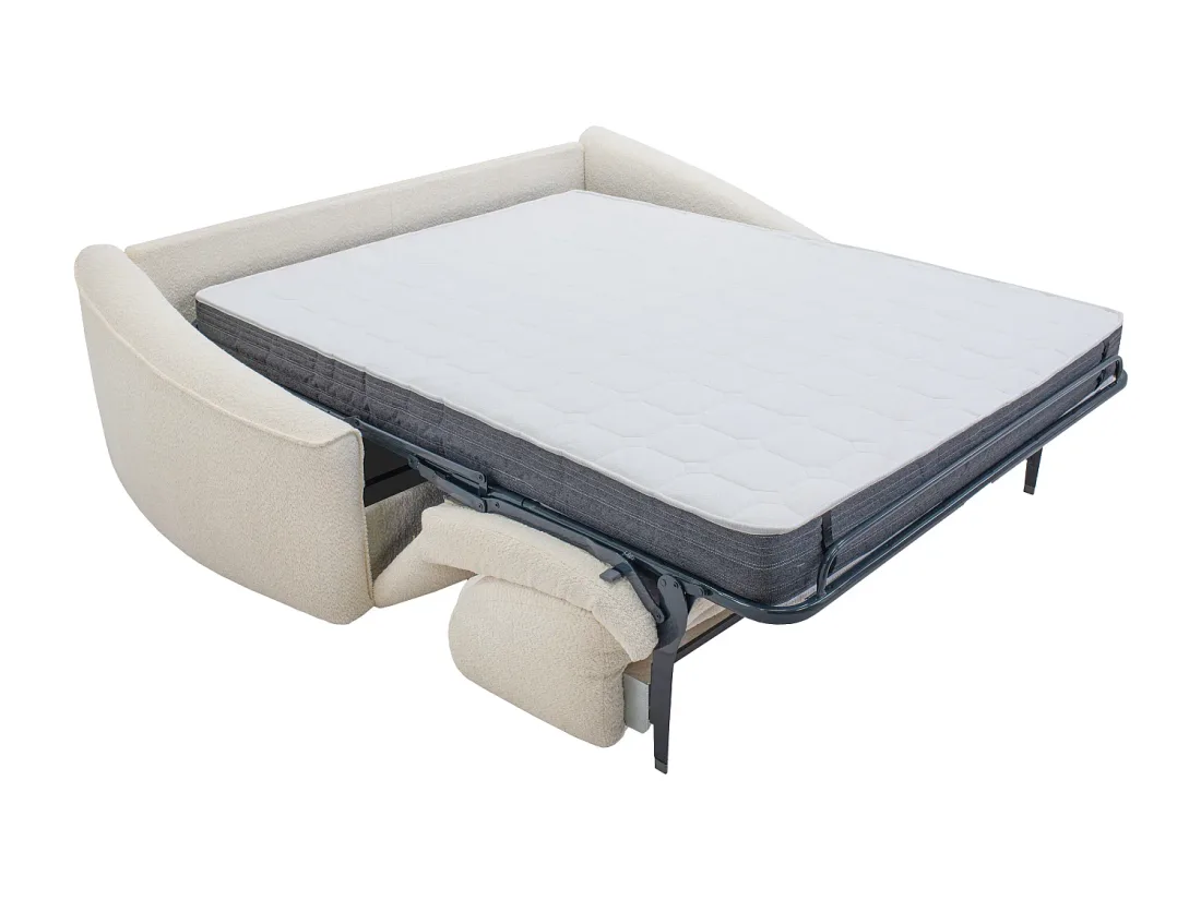 Canapé Asufa ouvert en lit, matelas gris et blanc déplié sur un sommier métallique.