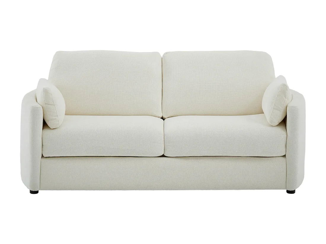 Canapé Bagomi beige crème vu de face, fermé, avec deux coussins d'accoudoir sur fond blanc.