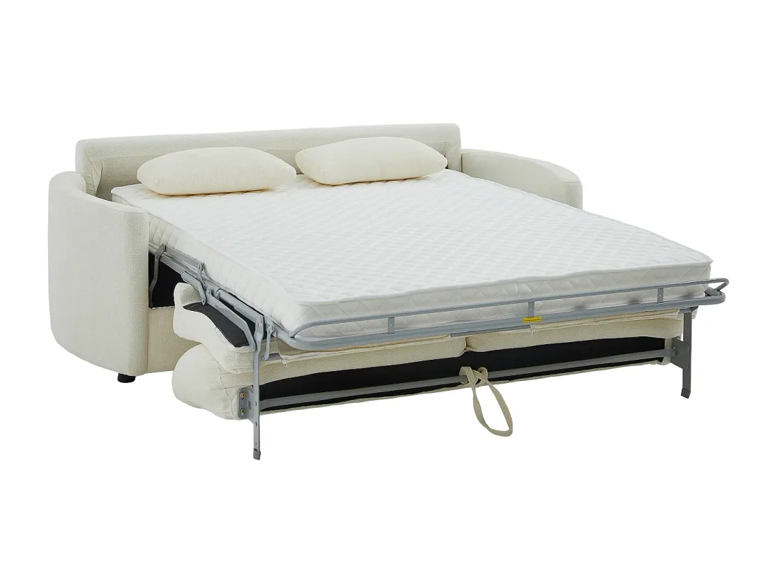 Canapé Bagomi déplié, montrant l'armature métallique, les lattes et la sangle sous le matelas blanc.