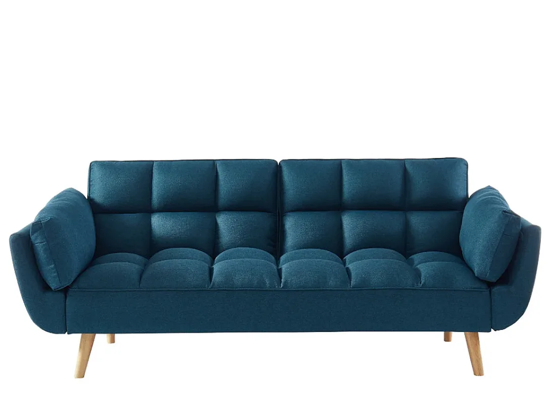 Canapé Loeline bleu fermé vu de face, avec dossier et assise matelassés en carreaux et pieds en bois clair.