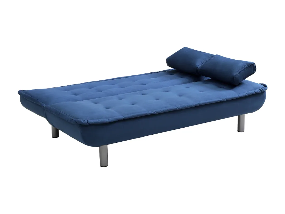Canapé Mishan bleu déplié en lit, avec un seul coussin relevé au fond, fond blanc.