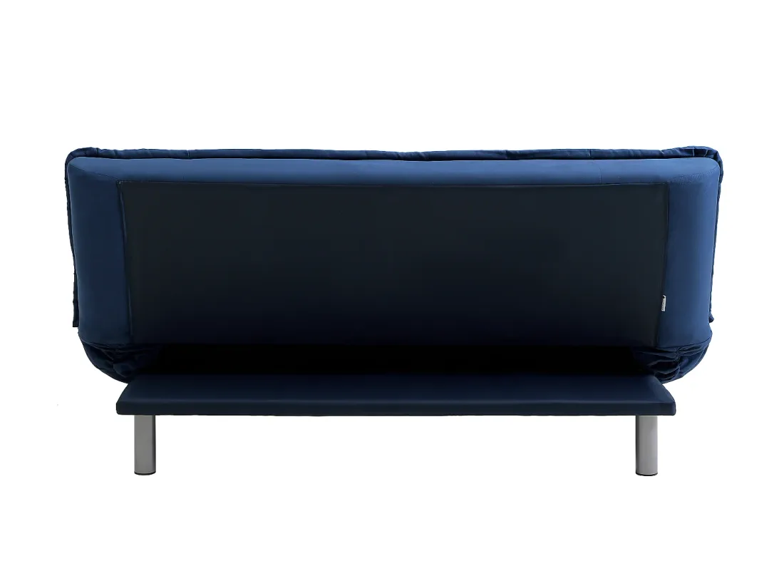 Dessous du canapé Mishan bleu, armature sombre et pieds métalliques, vu de l'arrière.