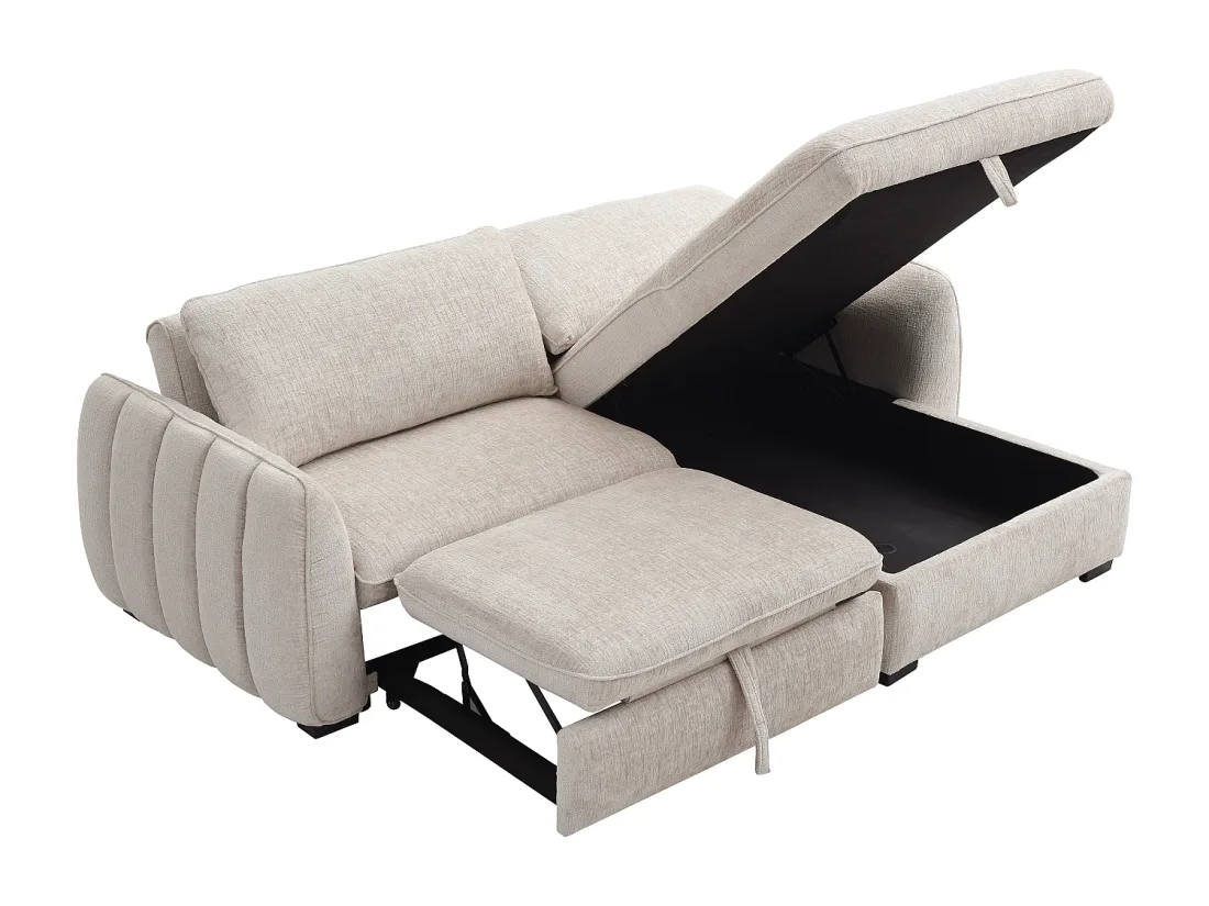 Canapé Monavi avec assise sortie et coffre de rangement ouvert sous la méridienne, couvercle relevé.